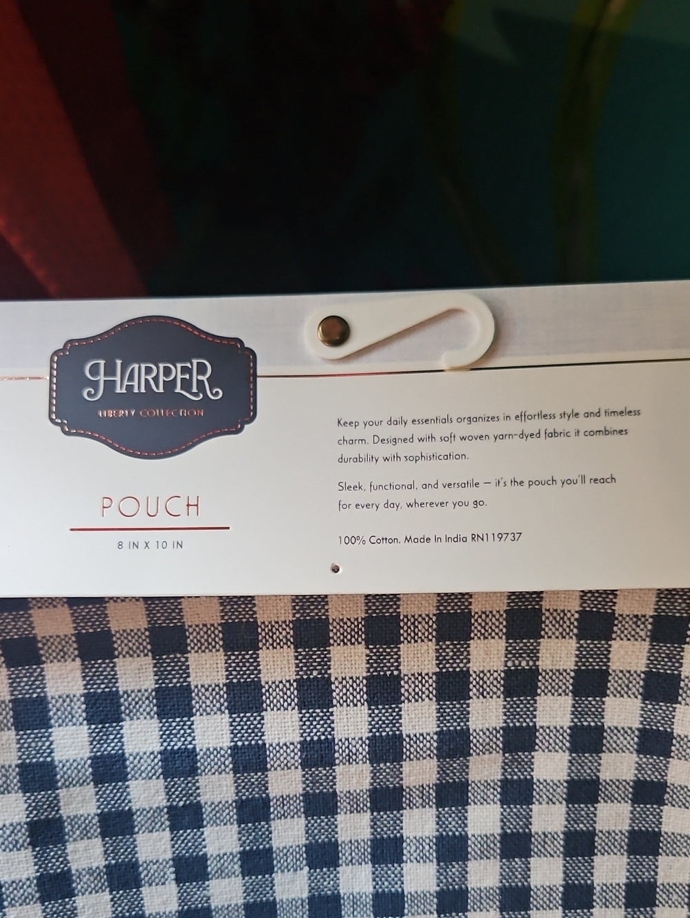 Harper Navy and White Gingham Zip Pouch - Picture 2 of 5